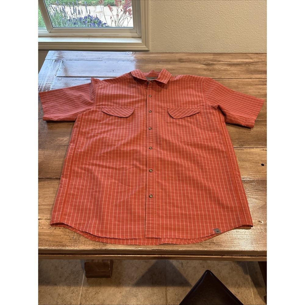REI Pearl Snap Brown Shirt Mens L Cotton Stripe Short Sleeve Outdoors Gorpcore